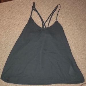 Gray tank top with a cross back detail.